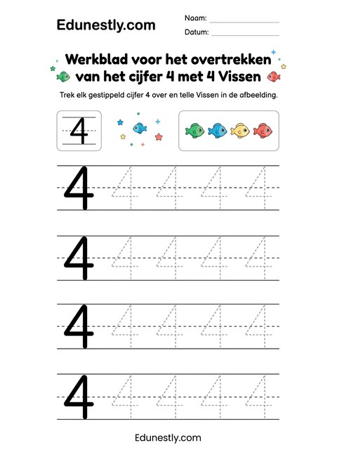 Werkblad voor het overtrekken van het cijfer 4 met 4 Vissen