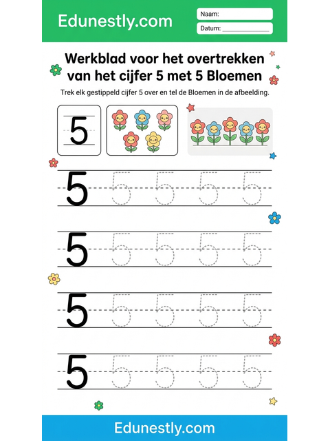 Werkblad voor het overtrekken van het cijfer 5 met 5 Bloemen