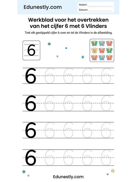 Werkblad voor het overtrekken van het cijfer 6 met 6 Vlinders
