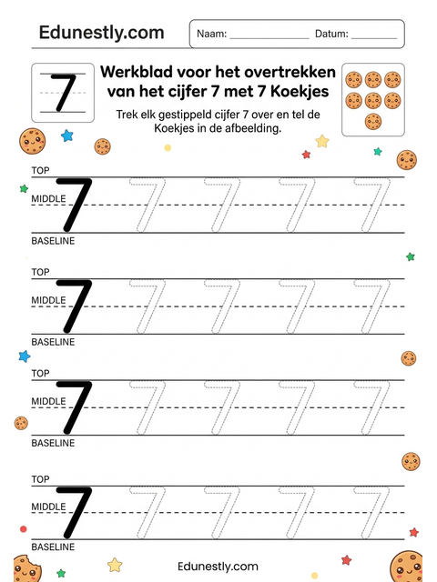 Werkblad voor het overtrekken van het cijfer 7 met 7 Koekjes