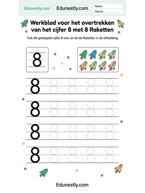 Werkblad voor het overtrekken van het cijfer 8 met 8 Raketten