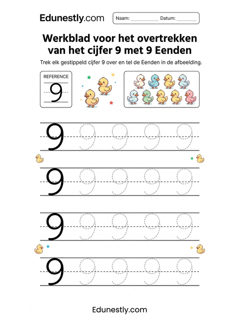 Werkblad voor het overtrekken van het cijfer 9 met 9 Eenden