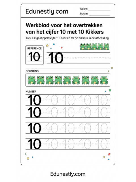 Werkblad voor het overtrekken van het cijfer 10 met 10 Kikkers