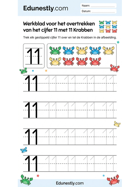 Werkblad voor het overtrekken van het cijfer 11 met 11 Krabben