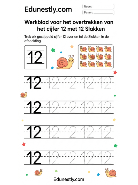 Werkblad voor het overtrekken van het cijfer 12 met 12 Slakken
