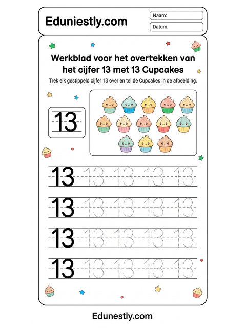Werkblad voor het overtrekken van het cijfer 13 met 13 Cupcakes
