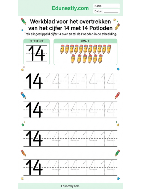 Werkblad voor het overtrekken van het cijfer 14 met 14 Potloden