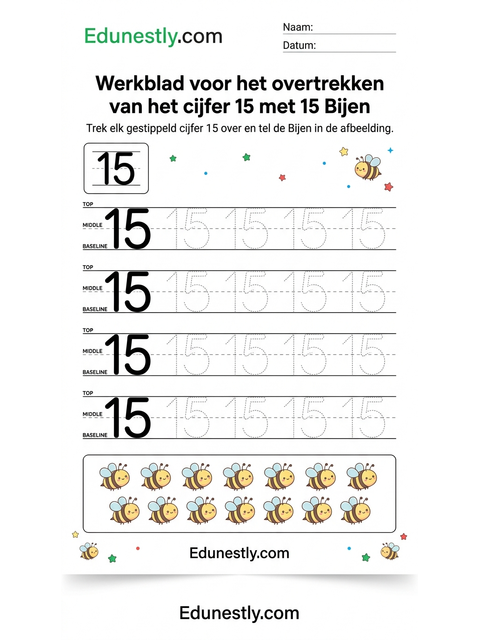 Werkblad voor het overtrekken van het cijfer 15 met 15 Bijen