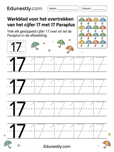 Werkblad voor het overtrekken van het cijfer 17 met 17 Paraplus