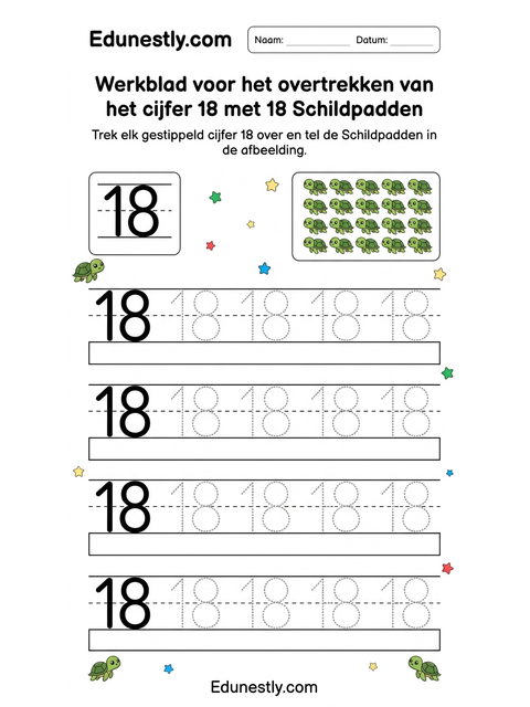 Werkblad voor het overtrekken van het cijfer 18 met 18 Schildpadden