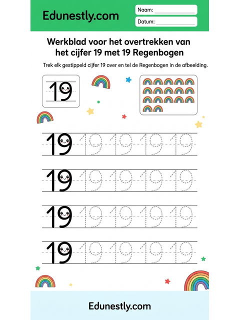 Werkblad voor het overtrekken van het cijfer 19 met 19 Regenbogen