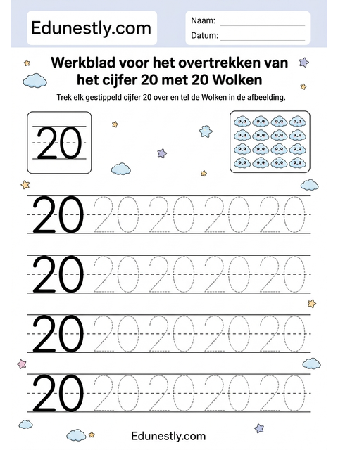 Werkblad voor het overtrekken van het cijfer 20 met 20 Wolken