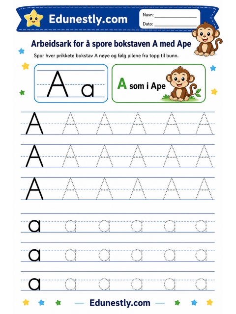 Arbeidsark for å spore bokstaven A med Ape