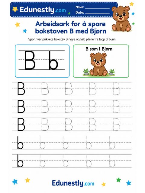 Arbeidsark for å spore bokstaven B med Bjørn