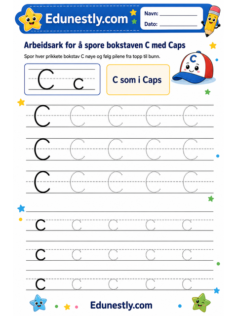 Arbeidsark for å spore bokstaven C med Caps