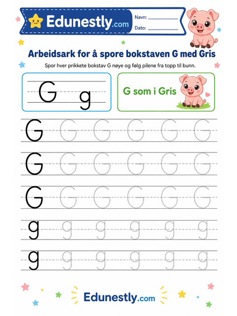 Arbeidsark for å spore bokstaven G med Gris