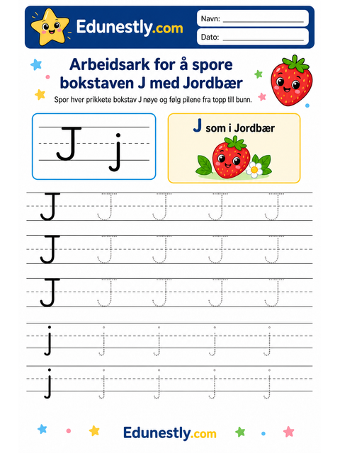 Arbeidsark for å spore bokstaven J med Jordbær