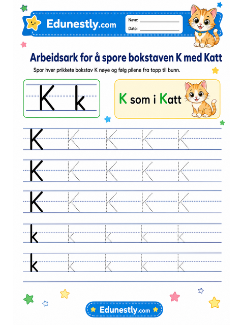 Arbeidsark for å spore bokstaven K med Katt