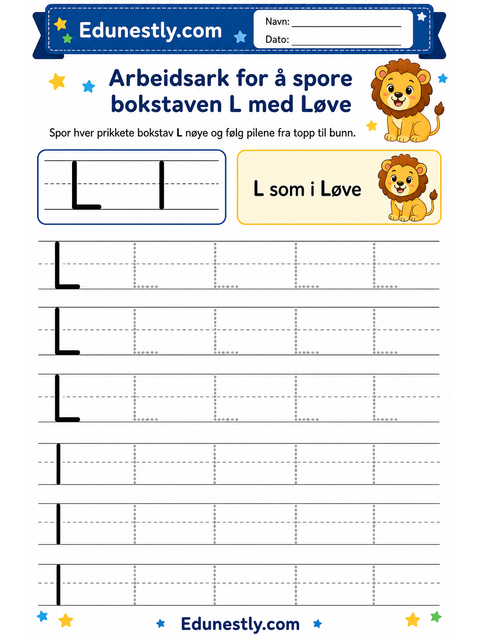 Arbeidsark for å spore bokstaven L med Løve