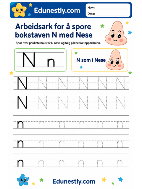 Arbeidsark for å spore bokstaven N med Nese