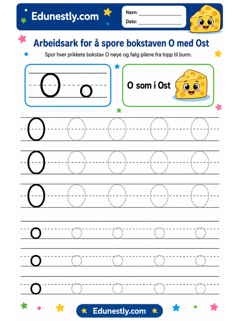 Arbeidsark for å spore bokstaven O med Ost
