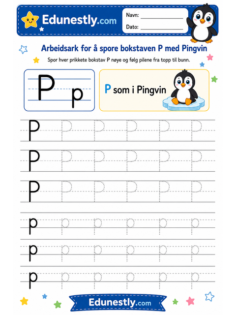 Arbeidsark for å spore bokstaven P med Pingvin