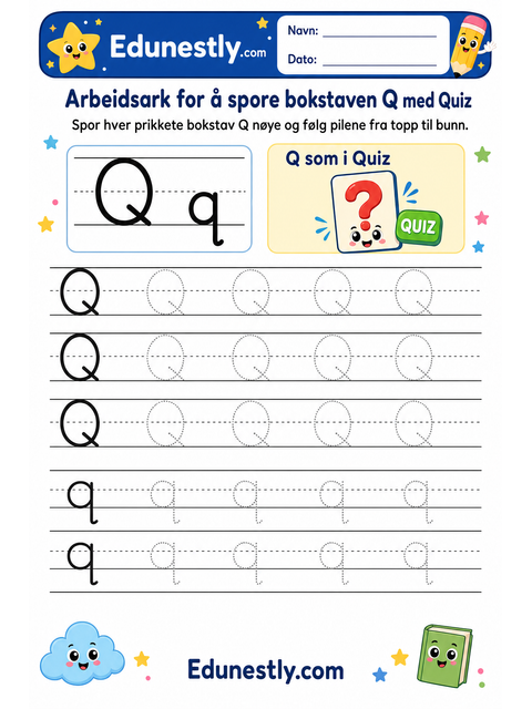 Arbeidsark for å spore bokstaven Q med Quiz