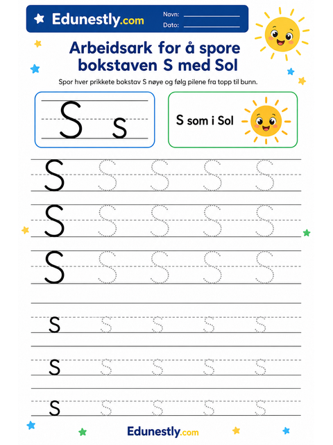 Arbeidsark for å spore bokstaven S med Sol