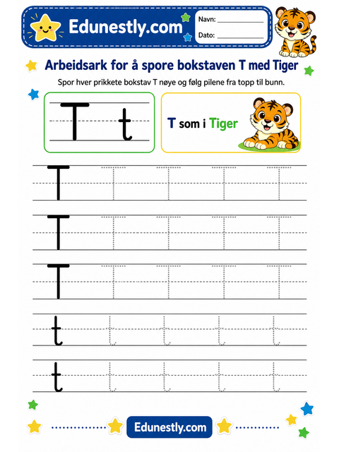 Arbeidsark for å spore bokstaven T med Tiger