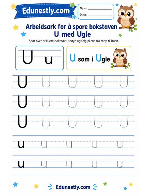Arbeidsark for å spore bokstaven U med Ugle