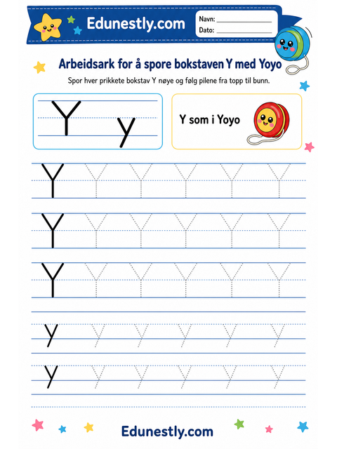 Arbeidsark for å spore bokstaven Y med Yoyo