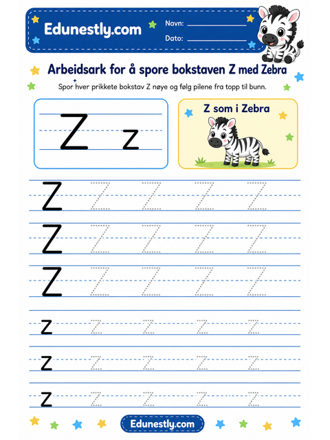 Arbeidsark for å spore bokstaven Z med Zebra