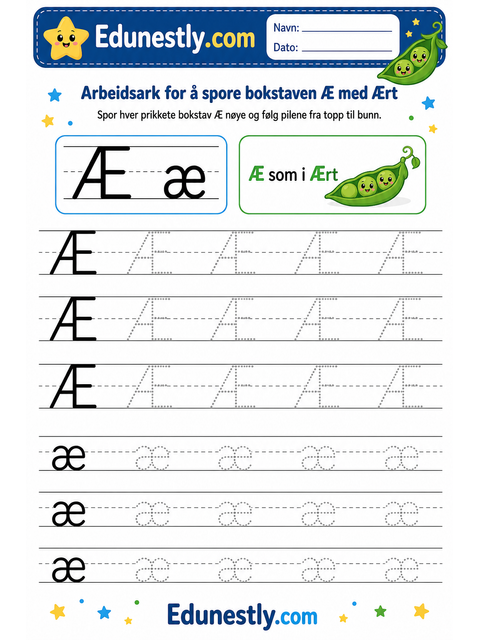 Arbeidsark for å spore bokstaven Æ med Ært