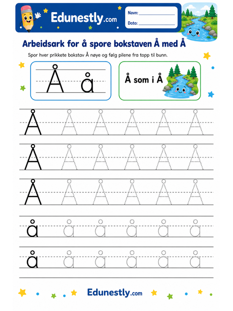 Arbeidsark for å spore bokstaven Å med Å