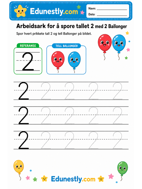 Arbeidsark for å spore tallet 2 med 2 Ballonger