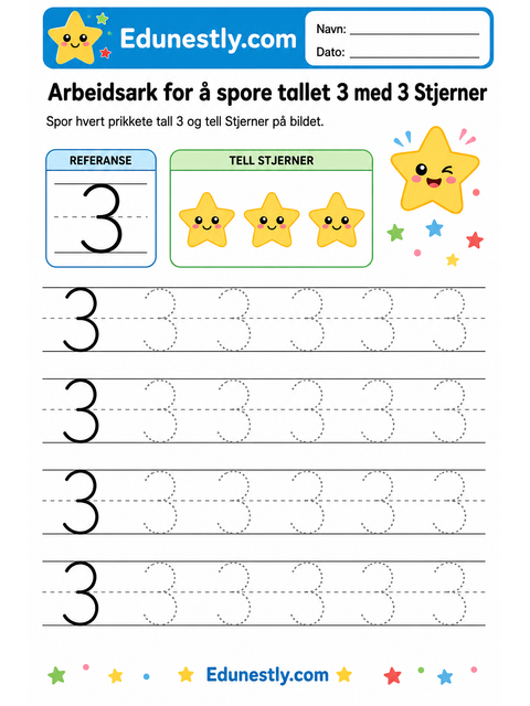 Arbeidsark for å spore tallet 3 med 3 Stjerner