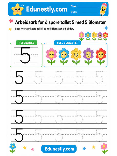 Arbeidsark for å spore tallet 5 med 5 Blomster
