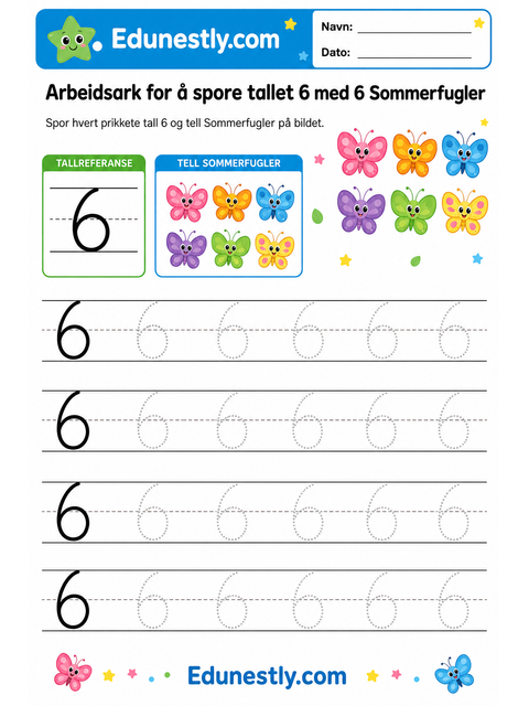 Arbeidsark for å spore tallet 6 med 6 Sommerfugler