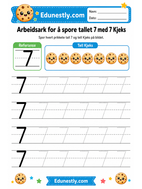 Arbeidsark for å spore tallet 7 med 7 Kjeks