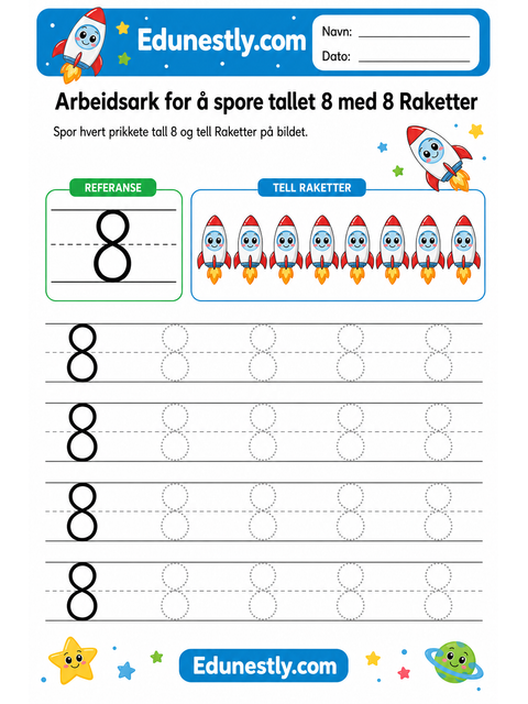 Arbeidsark for å spore tallet 8 med 8 Raketter