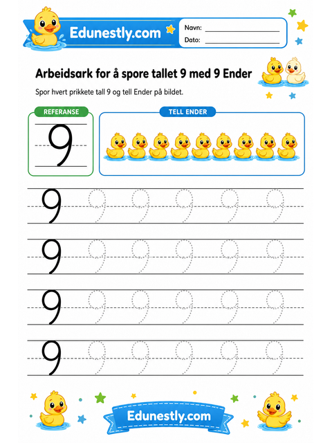 Arbeidsark for å spore tallet 9 med 9 Ender