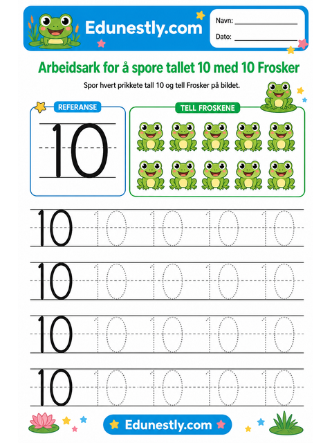 Arbeidsark for å spore tallet 10 med 10 Frosker