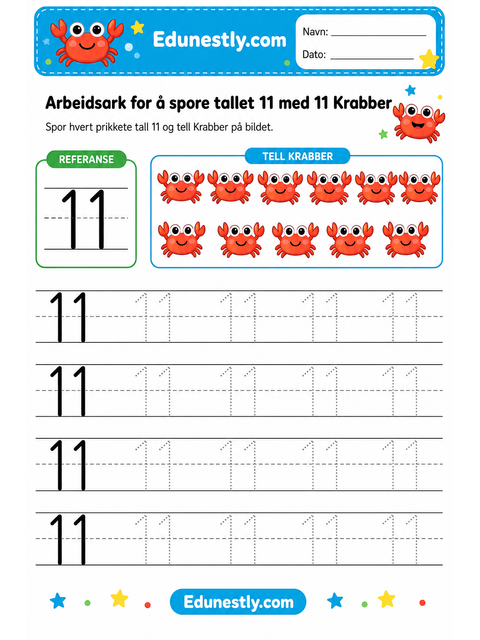 Arbeidsark for å spore tallet 11 med 11 Krabber