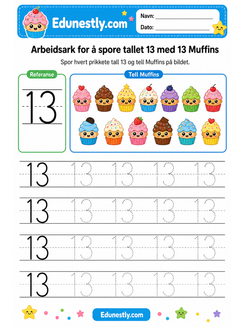 Arbeidsark for å spore tallet 13 med 13 Muffins