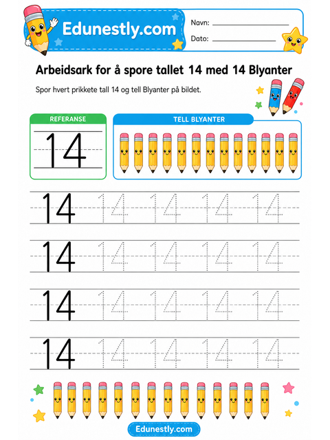 Arbeidsark for å spore tallet 14 med 14 Blyanter