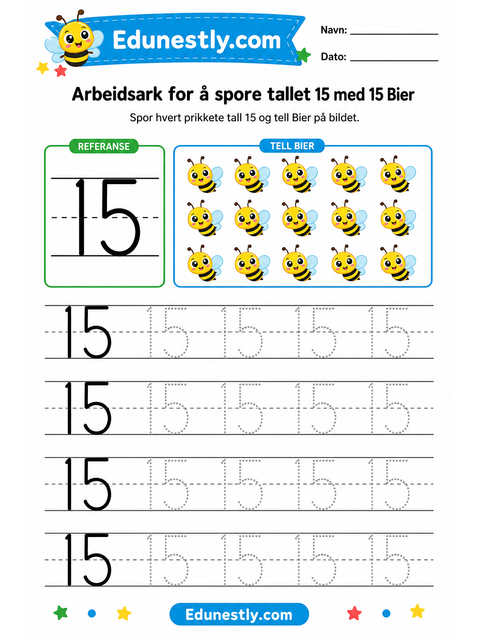 Arbeidsark for å spore tallet 15 med 15 Bier
