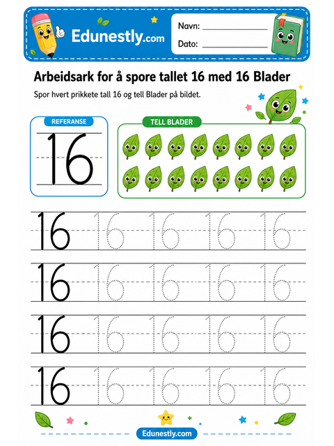 Arbeidsark for å spore tallet 16 med 16 Blader
