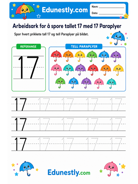 Arbeidsark for å spore tallet 17 med 17 Paraplyer