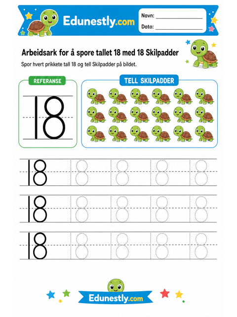 Arbeidsark for å spore tallet 18 med 18 Skilpadder