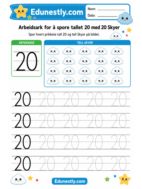 Arbeidsark for å spore tallet 20 med 20 Skyer